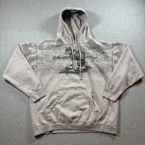 Vintage Yellowstone National Park Wolf Hoodie Sweatshirt Mens 2XL Brown AOP Y2K